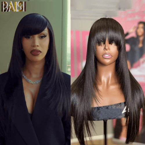 Baisi hair BAISI 100% Human Sexy Straight Silk Base Wig With Bang