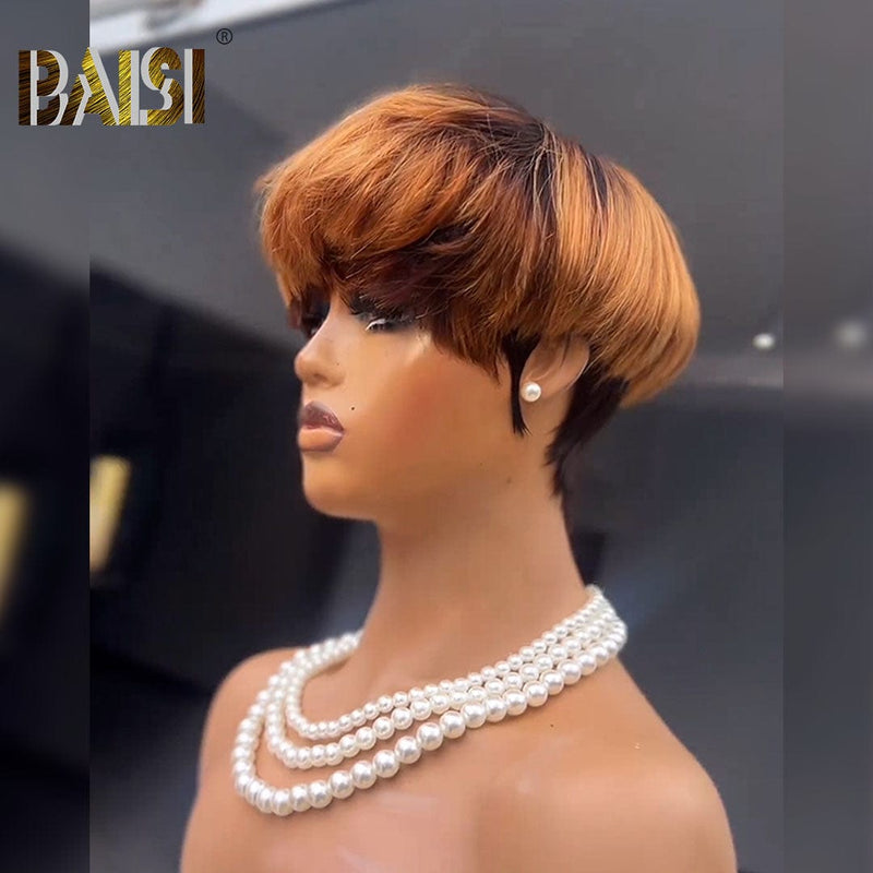 BAISI HAIR Pixie Cut Wig BAISI 1B/30 WIth Full Bang Machine Made Wig