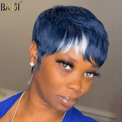 BAISI HAIR Pixie Cut Wig BAISI Blue With Highlight Machine Made Wig