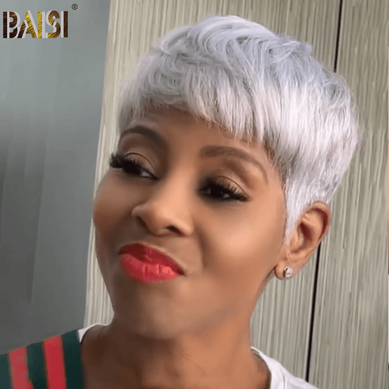 BAISI HAIR Pixie Cut Wig BAISI Cute Machine Made Silver Grey Wig