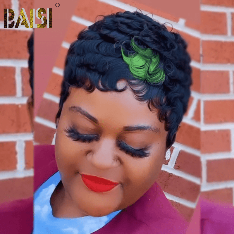 BAISI HAIR Pixie Cut Wig BAISI Finger Wave Machine With Green Highlight  Made Wig