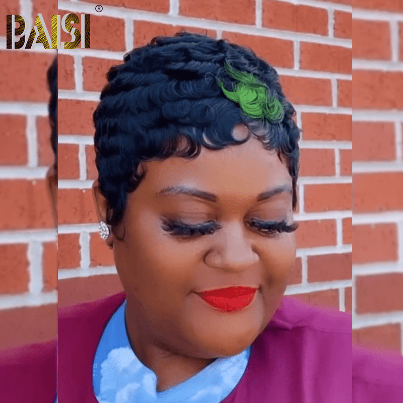 BAISI HAIR Pixie Cut Wig BAISI Finger Wave Machine With Green Highlight  Made Wig