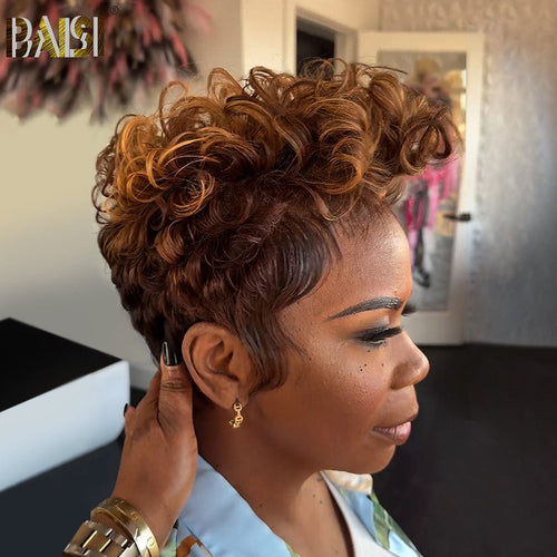 BAISI HAIR Pixie Cut Wig BAISI Honey Brown Finger Wave Full Lace Wig