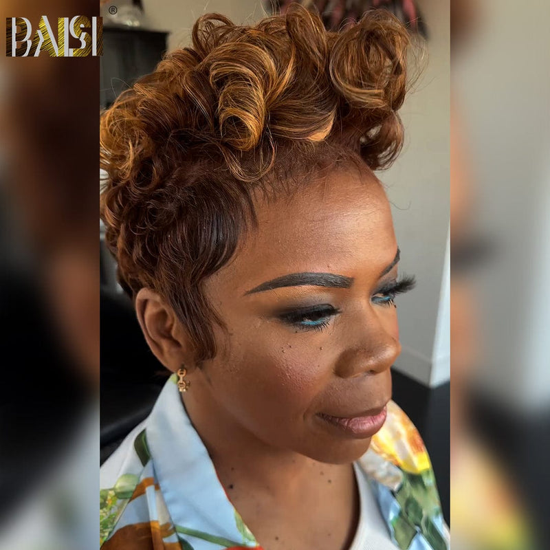 BAISI HAIR Pixie Cut Wig BAISI Honey Brown Finger Wave Full Lace Wig