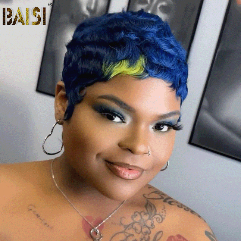 BAISI HAIR Pixie Cut Wig BAISI Machine Made Blue Finger Wave With Green Highlight Wig