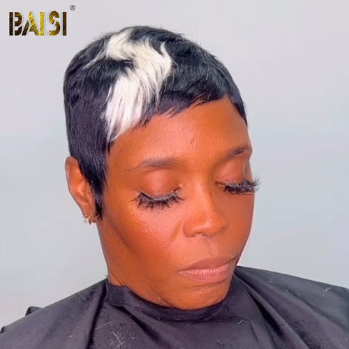 BAISI HAIR Pixie Cut Wig BAISI Machine Made Short Cut With White Highlight Wig