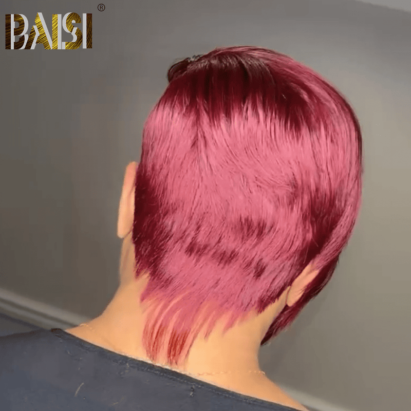 BAISI HAIR Pixie Cut Wig BAISI Machine Made Side Part Burgundy Short Cut Wig