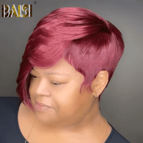 BAISI HAIR Pixie Cut Wig BAISI Machine Made Side Part Burgundy Short Cut Wig