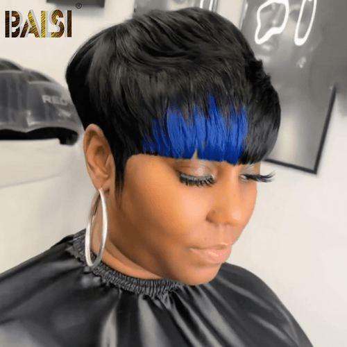 BAISI HAIR Pixie Cut Wig BAISI Machine Made Wig With Blue Highlight