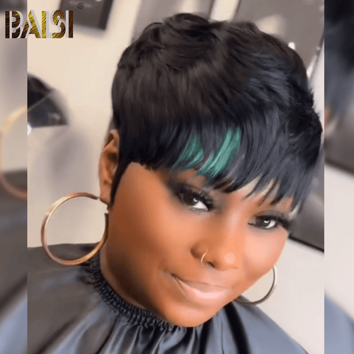 BAISI HAIR Pixie Cut Wig BAISI Machine Made Wig With Green Highlight