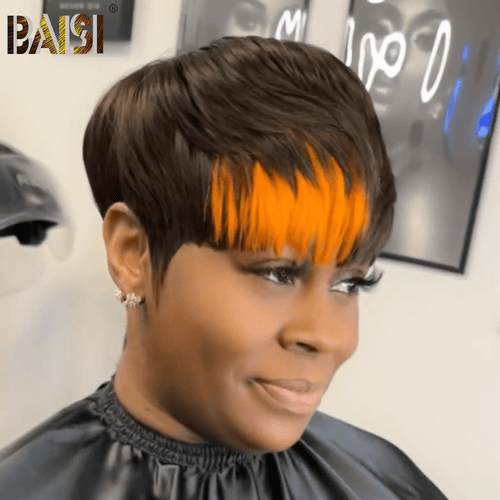 BAISI HAIR Pixie Cut Wig BAISI Machine Made Wig With Orange Highlight