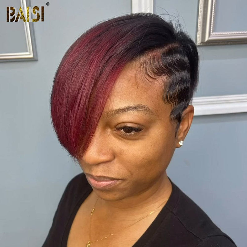 BAISI HAIR Pixie Cut Wig BAISI Pxie Full Lace Wig With Red Highlight