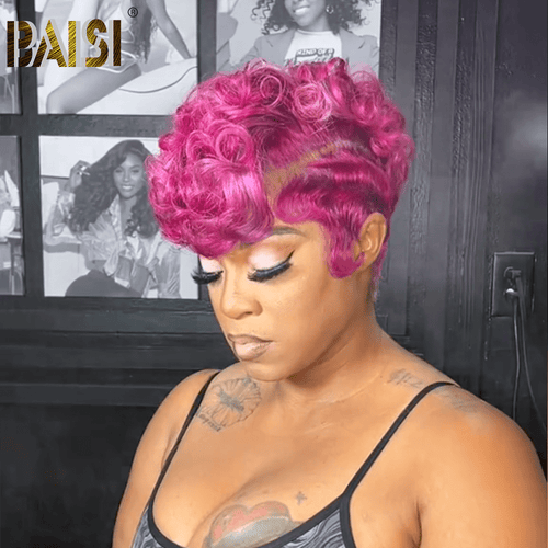 BAISI HAIR Pixie Cut Wig BAISI Rose Pink Pixie Short Full Lace Wig