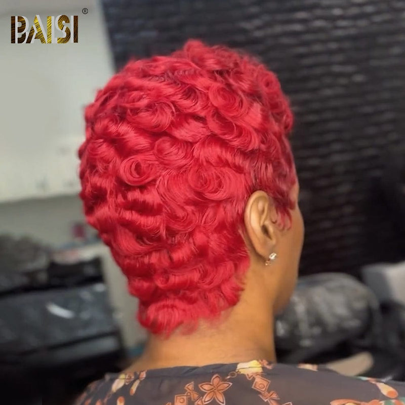 BAISI HAIR Pixie Cut Wig BAISI Shinning Red Pixie Finger Wave Machine Made Wig