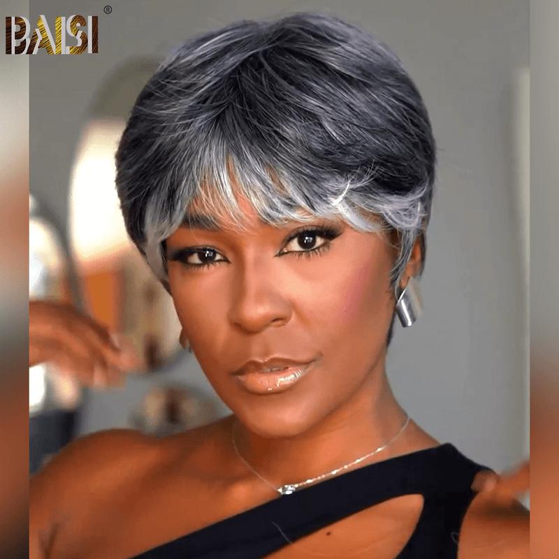 BAISI HAIR Pixie Cut Wig BAISI Sliver Grey Machine Made Wig