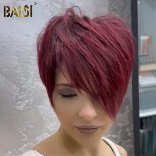 CHINA Pixie Cut Wig BAISI Pixie Side Burgundy Short Wig