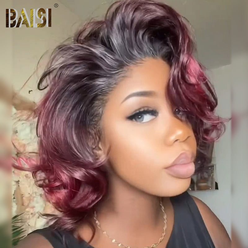 Glueless Wig BOB Wig BAISI Side Part 1B/Dark Plum Wavy Glueless BOB Wig