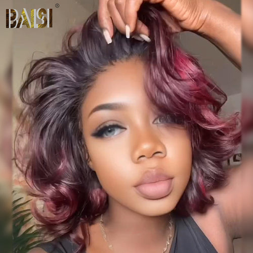 Glueless Wig BOB Wig BAISI Side Part 1B/Dark Plum Wavy Glueless BOB Wig