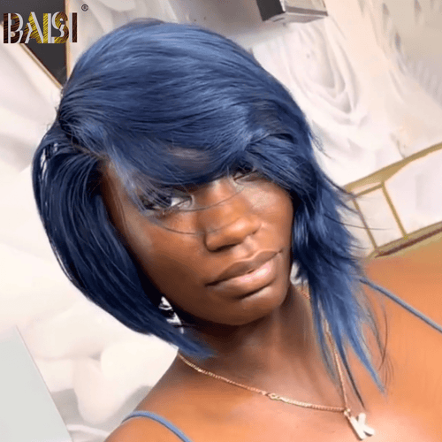 hairbs BOB Wig BAISI Sexy Side Part Grey Blue Short BOB Wig