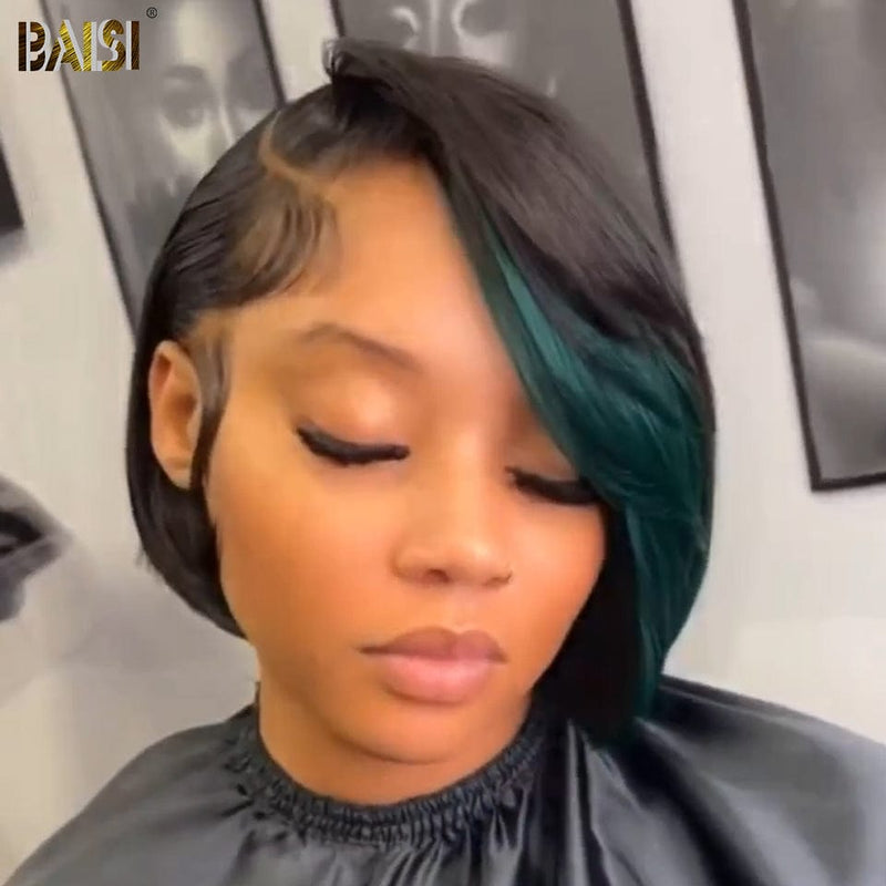 hairbs BOB Wig BAISI Side Part Straight With Green Highlight Wig