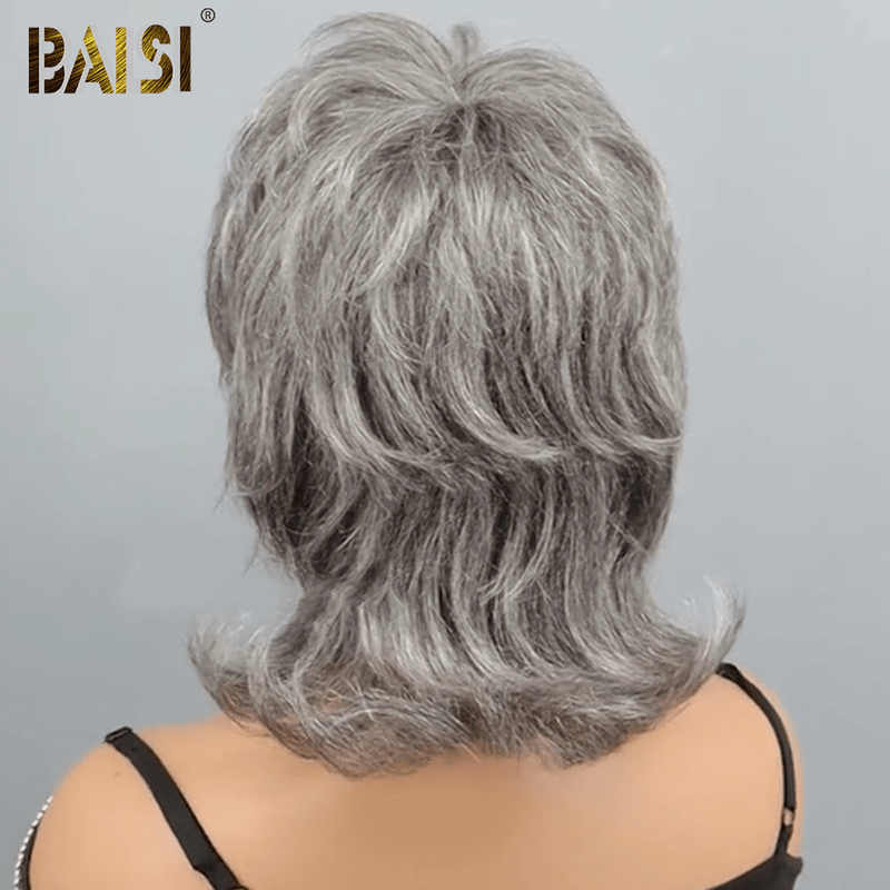 hairbs mullet BAISI Machine Made Salt And Pepper Mullet Wig