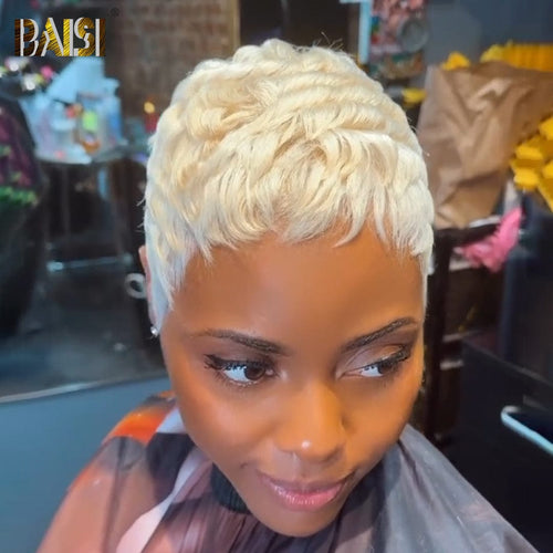 hairbs Pixie Cut Wig BAISI Full Lace Super Short  Blonde Wavy Wig