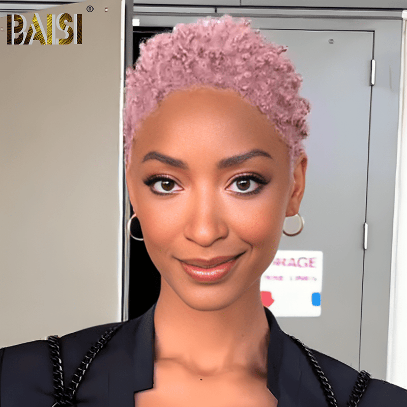 hairbs Pixie Cut Wig BAISI Full Lace Super Short Light Pink Curly Wig