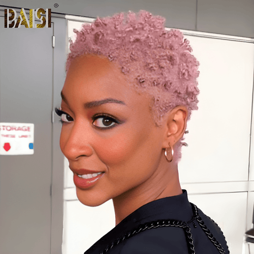 hairbs Pixie Cut Wig BAISI Full Lace Super Short Light Pink Curly Wig