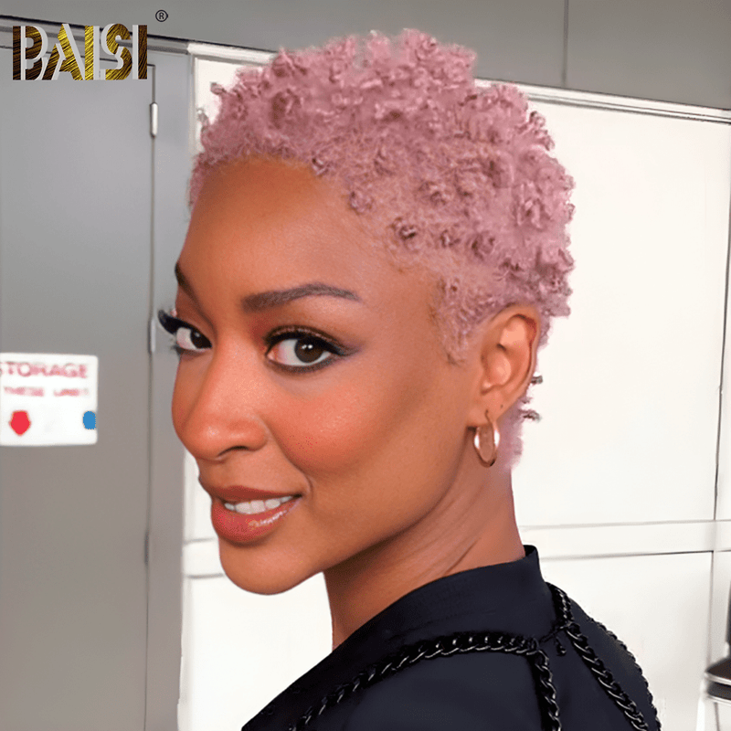 hairbs Pixie Cut Wig BAISI Full Lace Super Short Light Pink Curly Wig