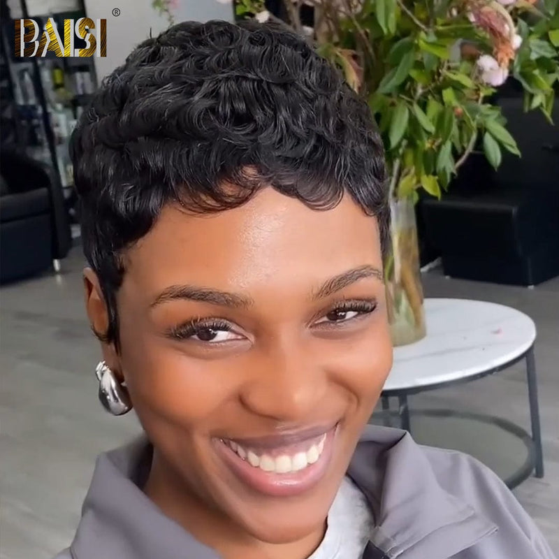 hairbs Pixie Cut Wig BAISI Full Lace Super Short Natura Black Quick  Wave Wig