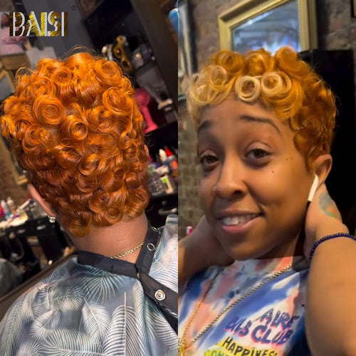 hairbs Pixie Cut Wig BAISI Ginger With Blonde Finger Wave Full Lace Wig