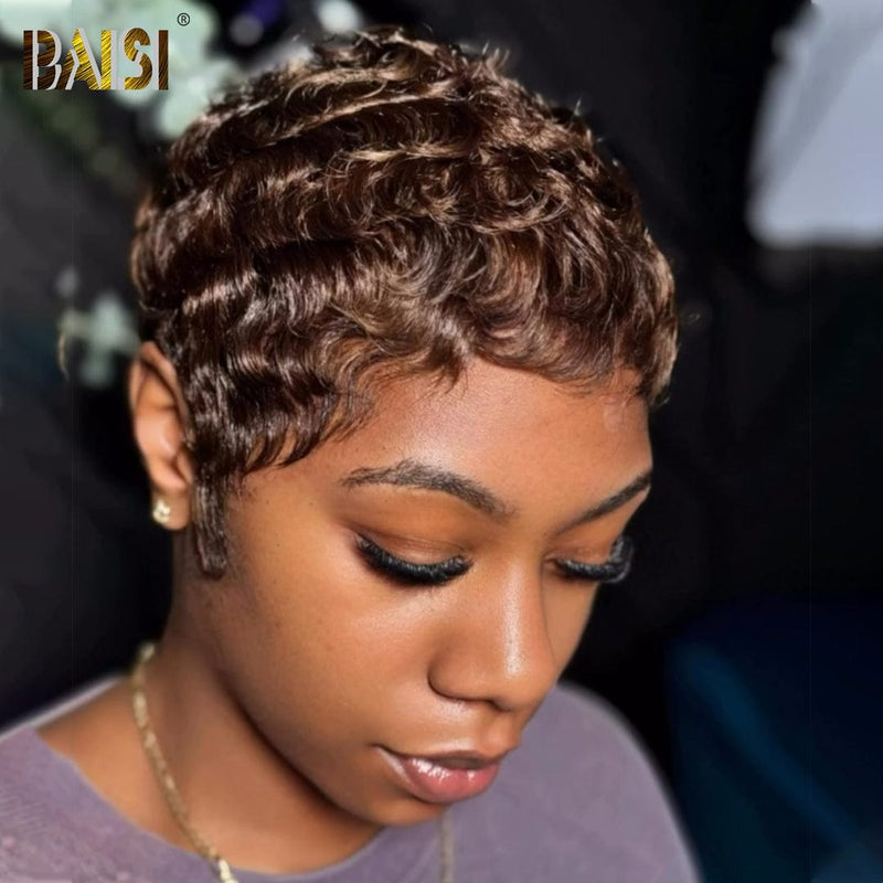 Pixie Cut Wig Pixie Cut Wig BAISI Pixie #4 Brown Finger Wave Machine Made Wig