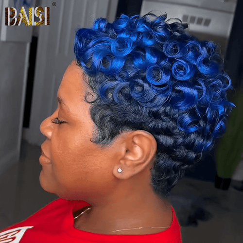 Pixie cut wig Pixie Cut Wig BAISI Royal Blue Finger Wave  Machine Made Wig