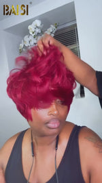 Baisi Machine Made Short Rosy Red With Bang BoB Wig