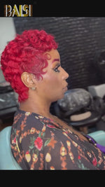 BAISI Shinning Red Pixie Finger Wave Machine Made Wig