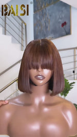 Baisi Machine Made Double Drawn Brown Straight Bang Wig