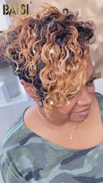 BAISI Sexy Finger Wave avec perruque en dentelle Pixie blonde miel 