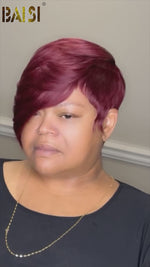 BAISI Machine Made Side Part Burgundy Short Cut Wig