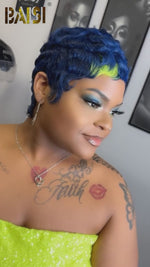 BAISI Machine Made Blue Finger Wave With Green Highlight Wig