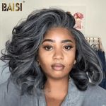 salt and pepper BOB Wig BAISI Bouncy Salt And Pepper Wavy Lace Wig