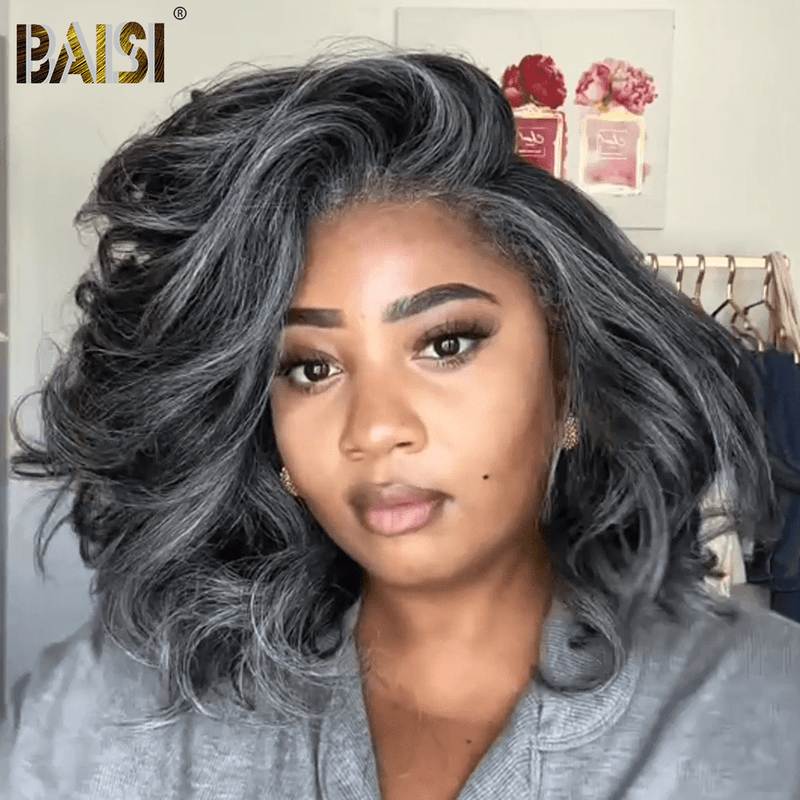 salt and pepper BOB Wig BAISI Bouncy Salt And Pepper Wavy Lace Wig