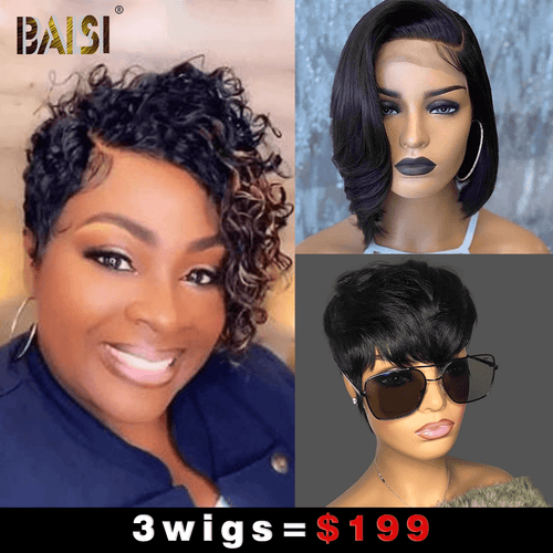 Wholesale Baisi 1  Curly Highlight Wig+1 Straight BoB Wig+1 Machine Made Wig=$199