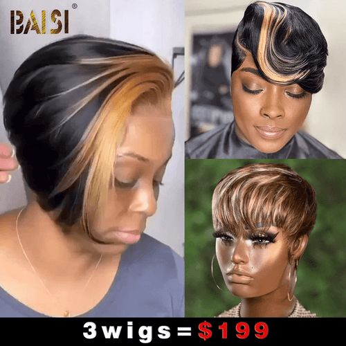 Wholesale Baisi 1 Front Honey Blonde Wig+1 Short Wig With Honey Blonde+1 Machine Made Wig=$199