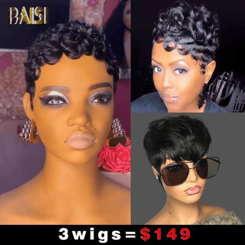 Wholesale Baisi 1 Machine Made Finger Wave+1 Lace Finger Wave Wig +1 Black Mahcine wig=$149