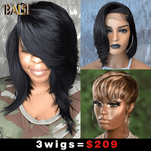 Wholesale Baisi 1 SexyBOB Wig+1 Straight BoB Wig+1 Machine Made Wig=$209