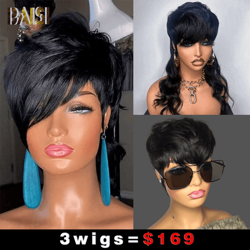 Wholesale Baisi 1 Side Part Mullet Wig+1 Mullet Wig+1 Black Mahcine wig=$169